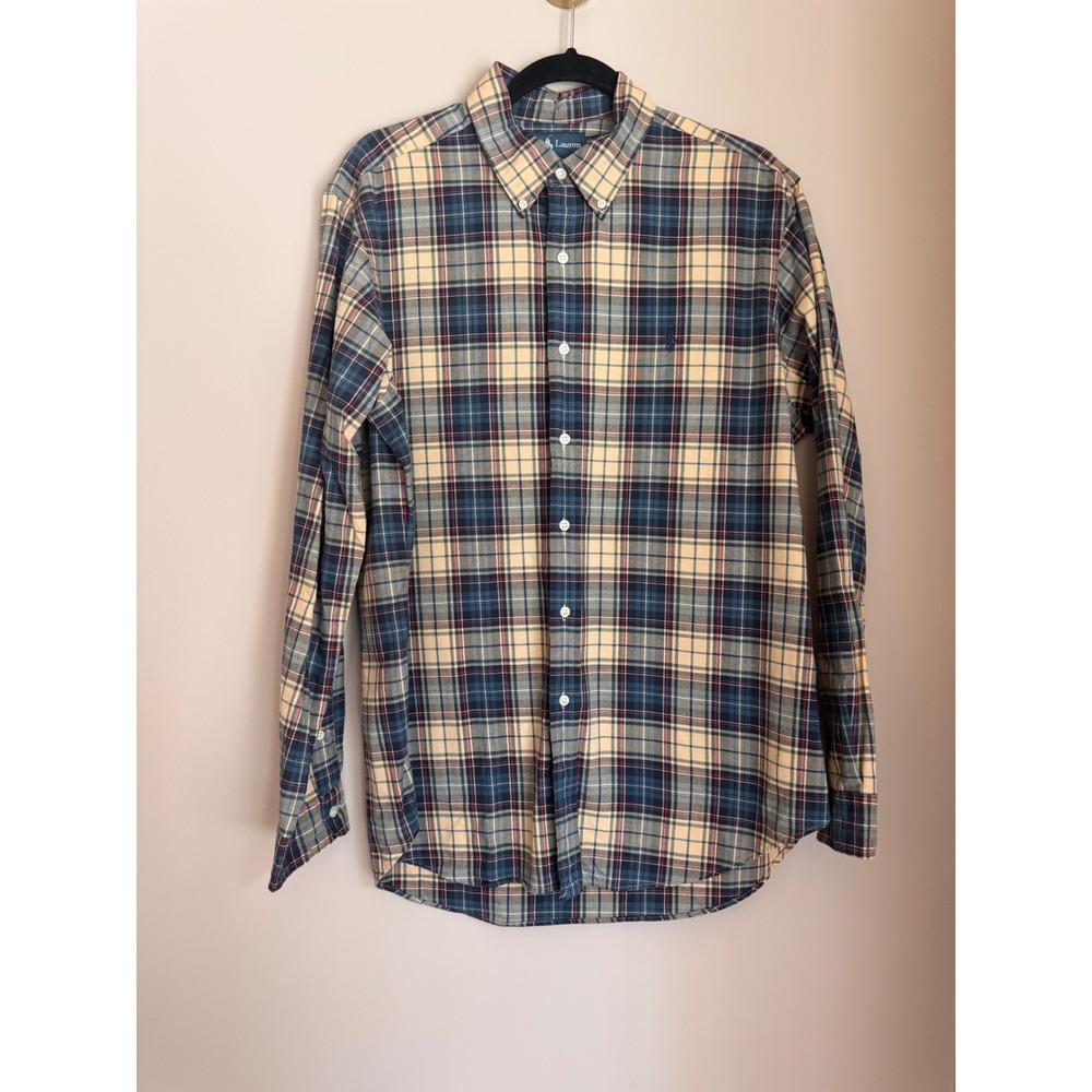 Ralph Lauren Mens Classic Fit Plaid Button Down Navy Tan Red Cotton Large preppy